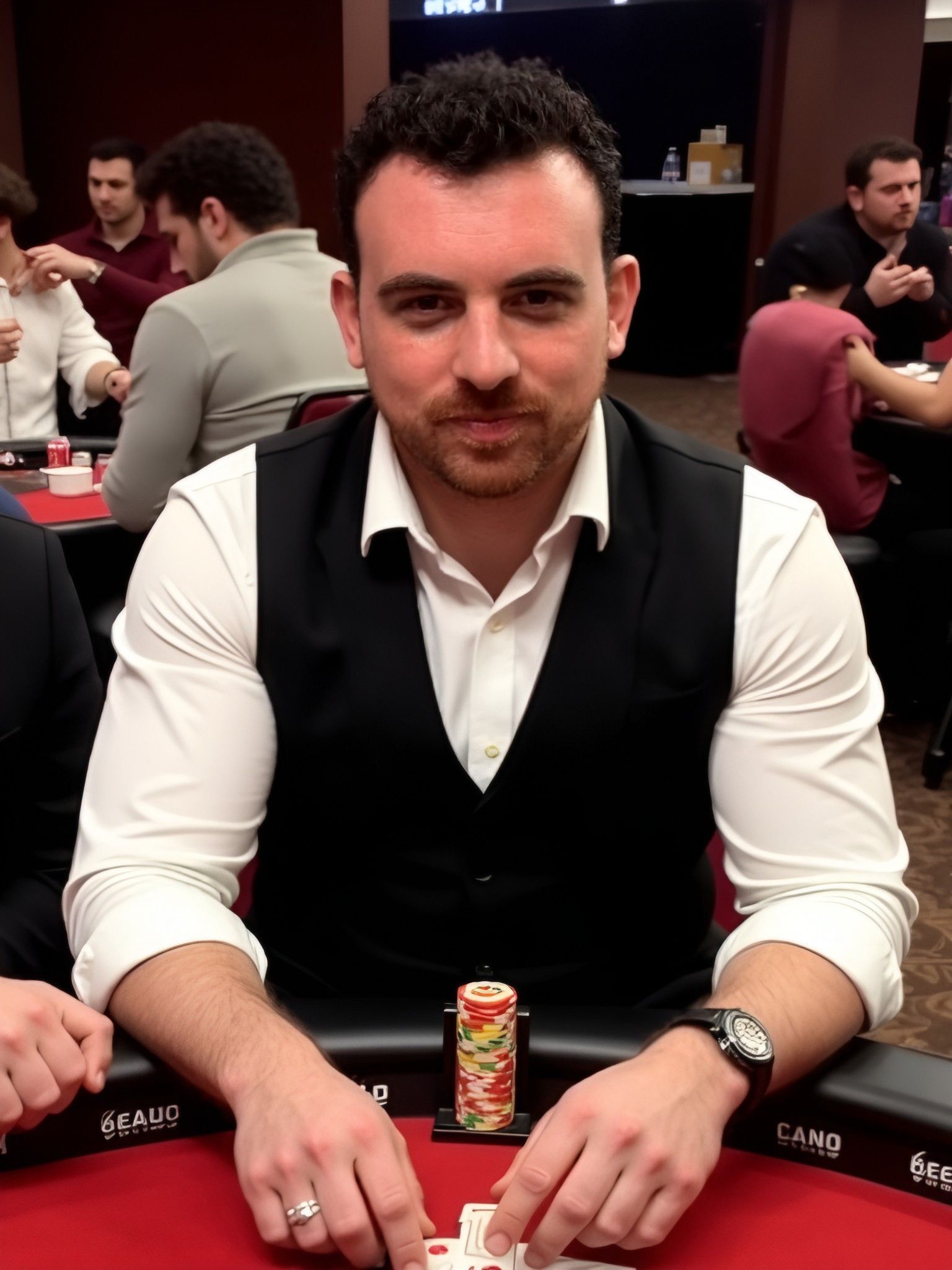 Henk Wolff seated at a live poker table on a casino floor with a stack of chips in front of him.