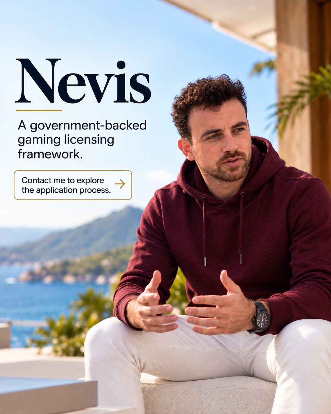 Nevis government-backed gaming licensing framework artwork featuring Henk Wolff in a burgundy hoodie overlooking the sea