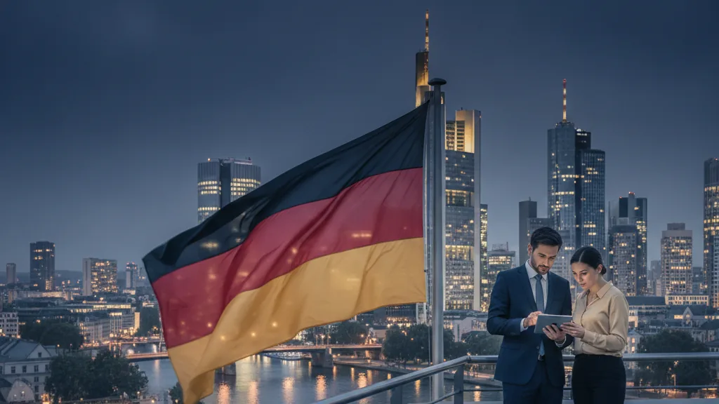 Opening an online casino in Germany, German flag with Frankfurt skyline