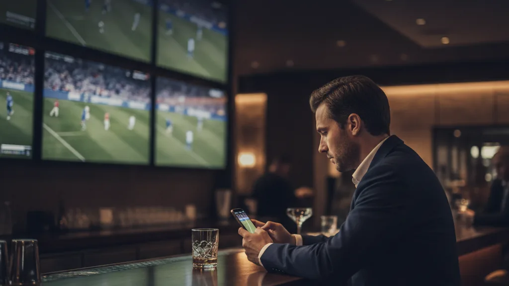 Person following a live match and betting on a phone