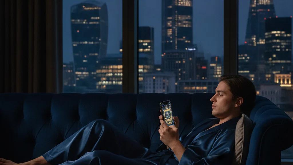Person playing an online casino game on a phone at night