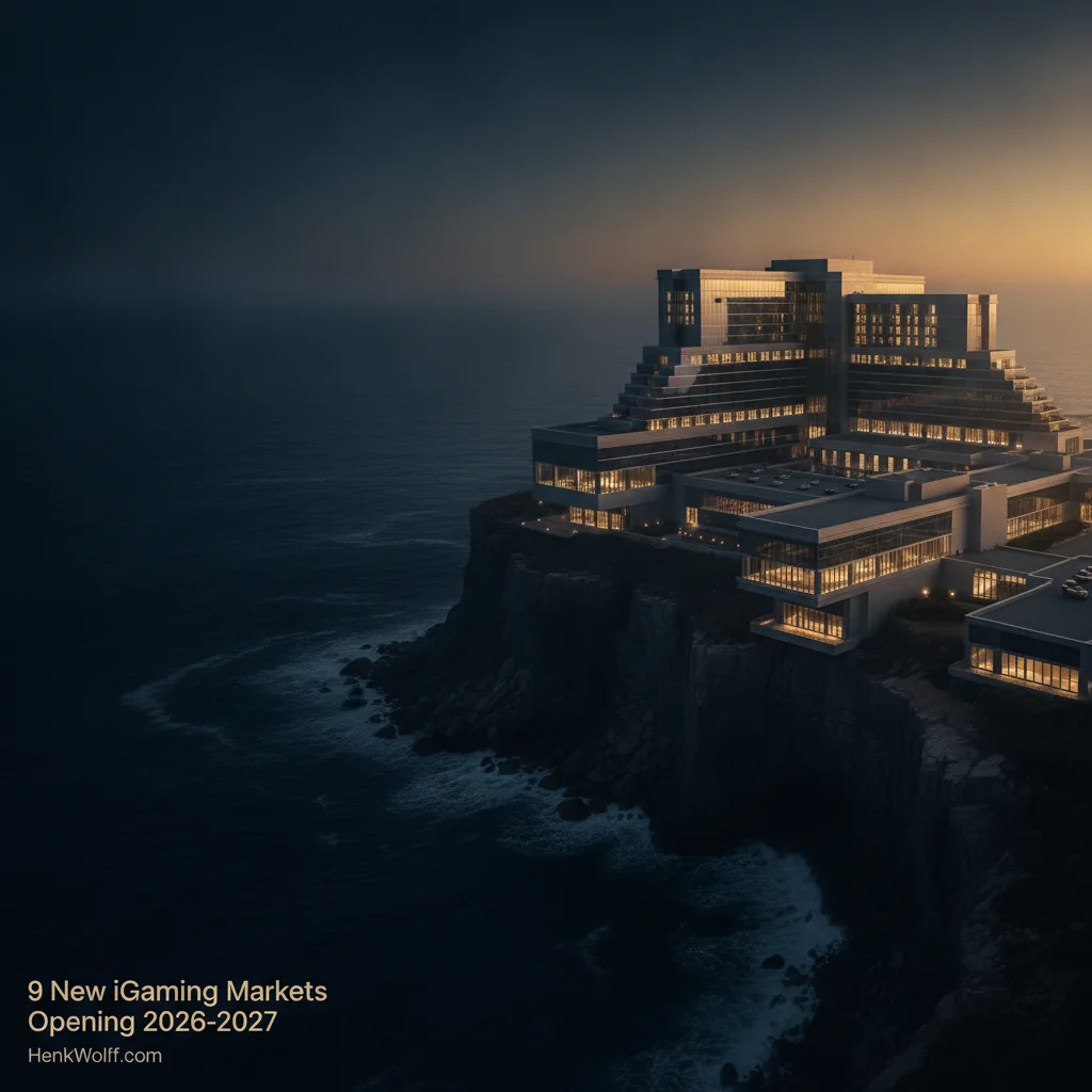 Grand modern casino-resort on a coastal cliff at twilight, symbolizing new iGaming markets.