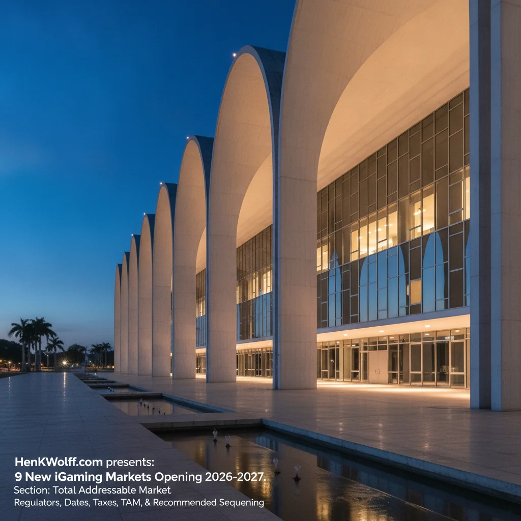 Modernist government building in Brasília, Brazil, at blue hour with warm lit windows.