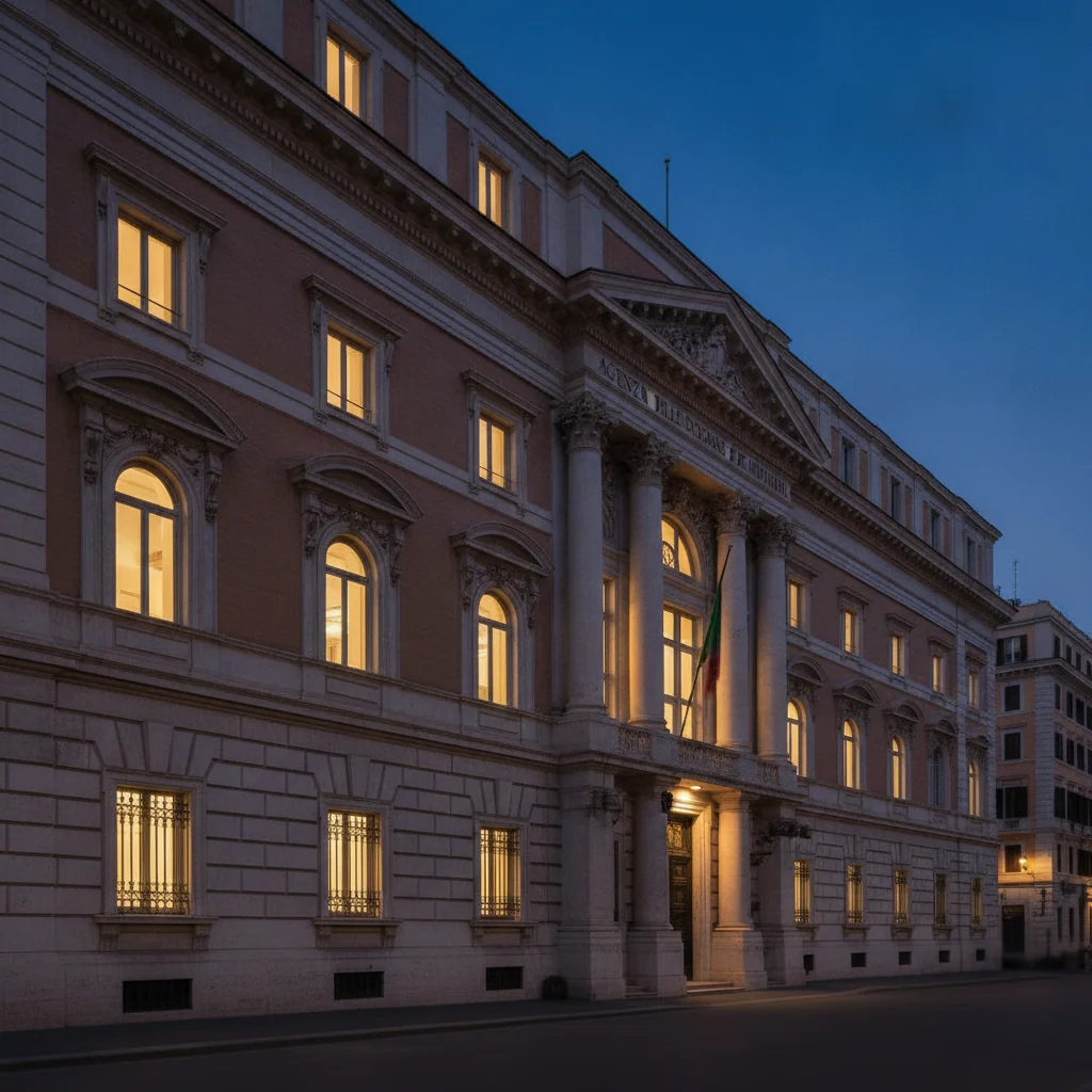 Exterior of the Italian ADM regulator building in Rome at blue hour