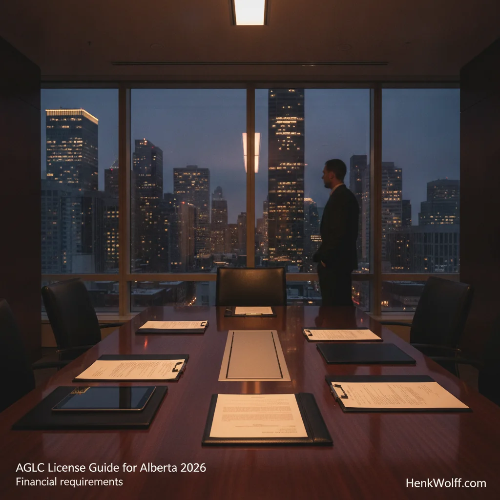 Modern executive boardroom overlooking a Canadian financial district at twilight, with subtle financial documents.