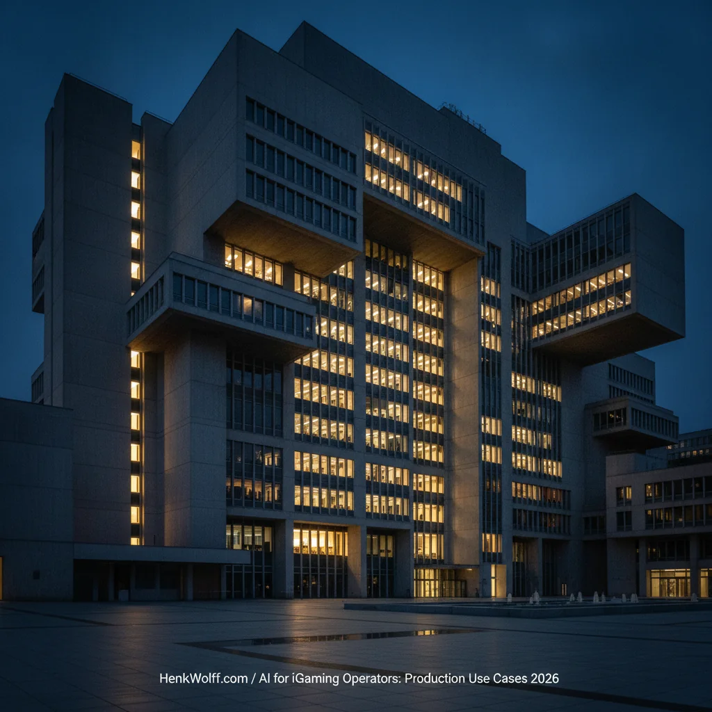 European institutional building exterior at blue hour, warm lights in windows.