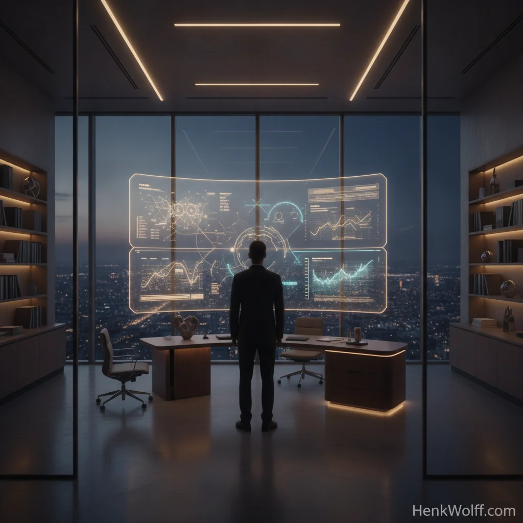 Modern executive office overlooking city at twilight, professional figure viewing data on a large monitor.