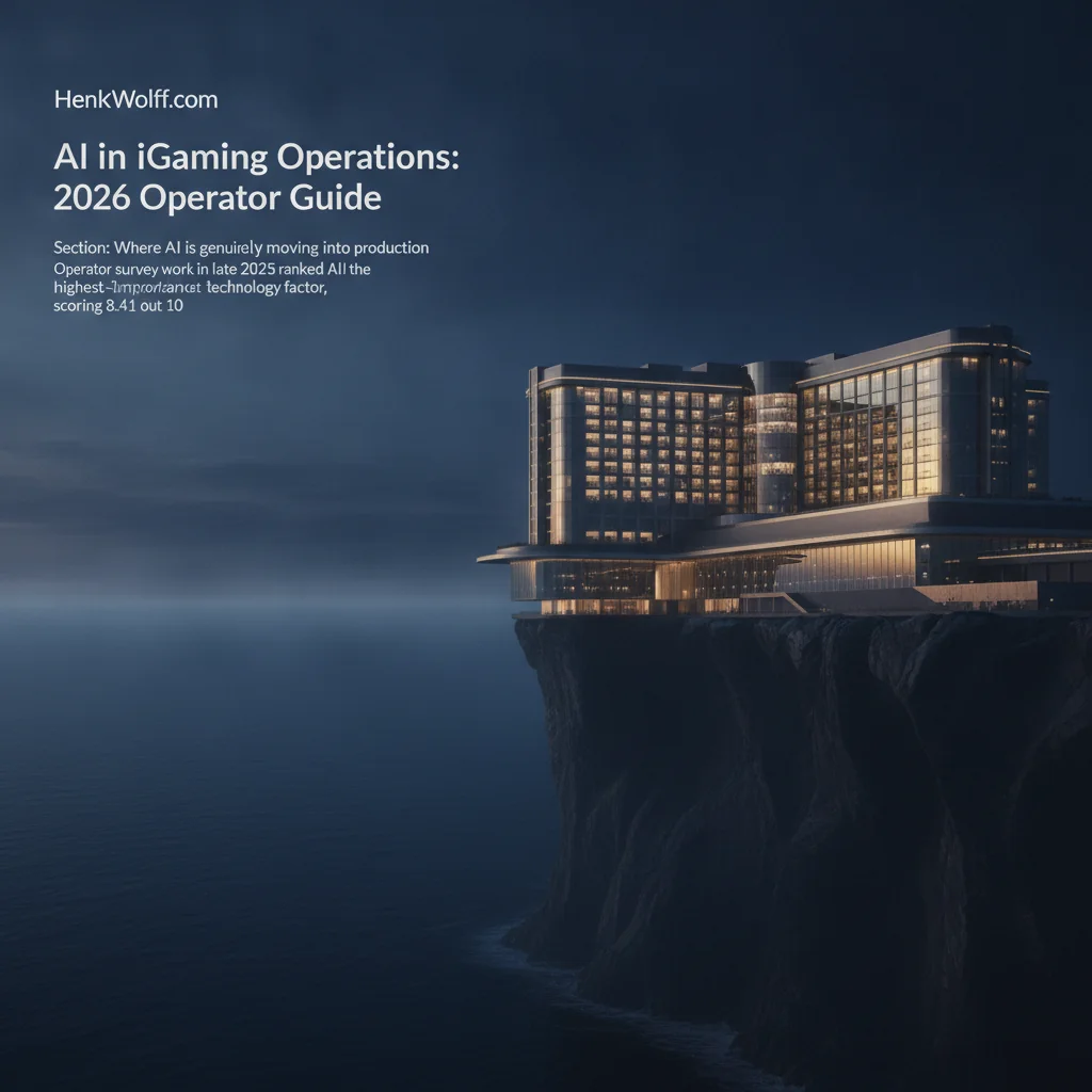 Modern casino-resort building on a coastal cliff at twilight, glowing with warm light.