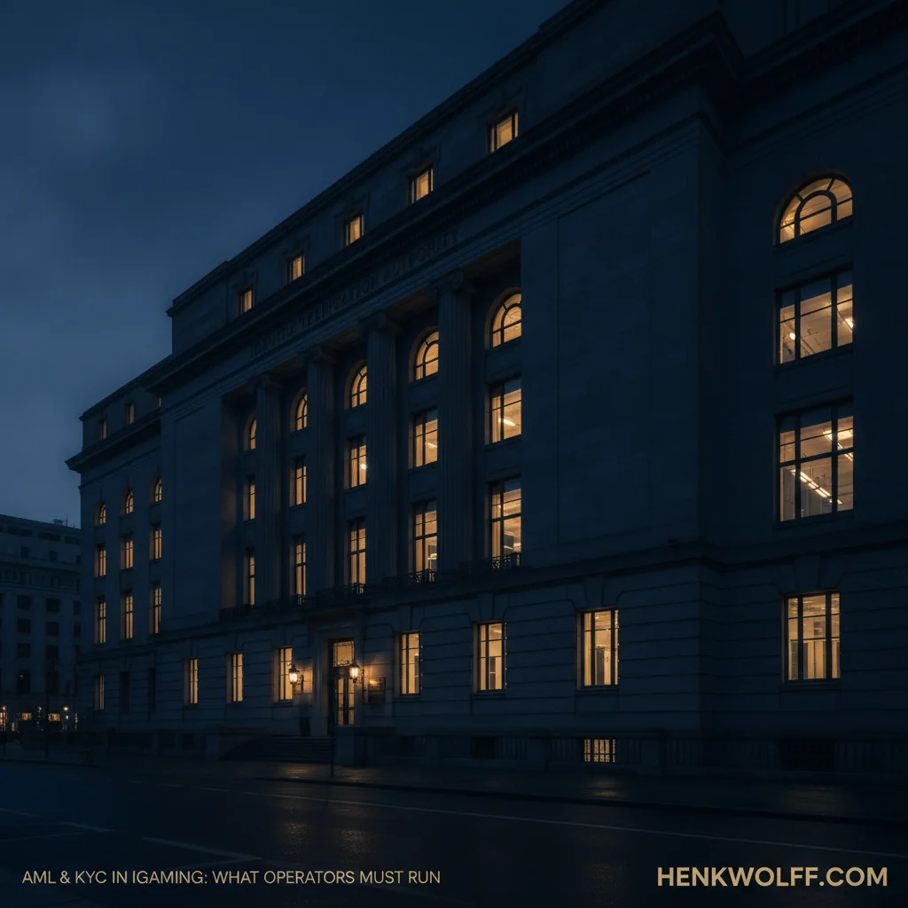 Authoritative government building exterior at blue hour with warm lights