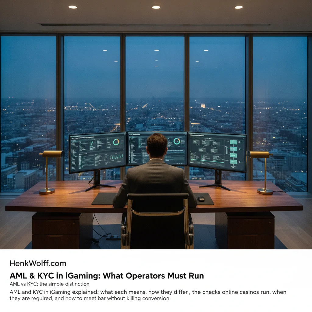 Executive in modern office reviews AML compliance data with city skyline at twilight.