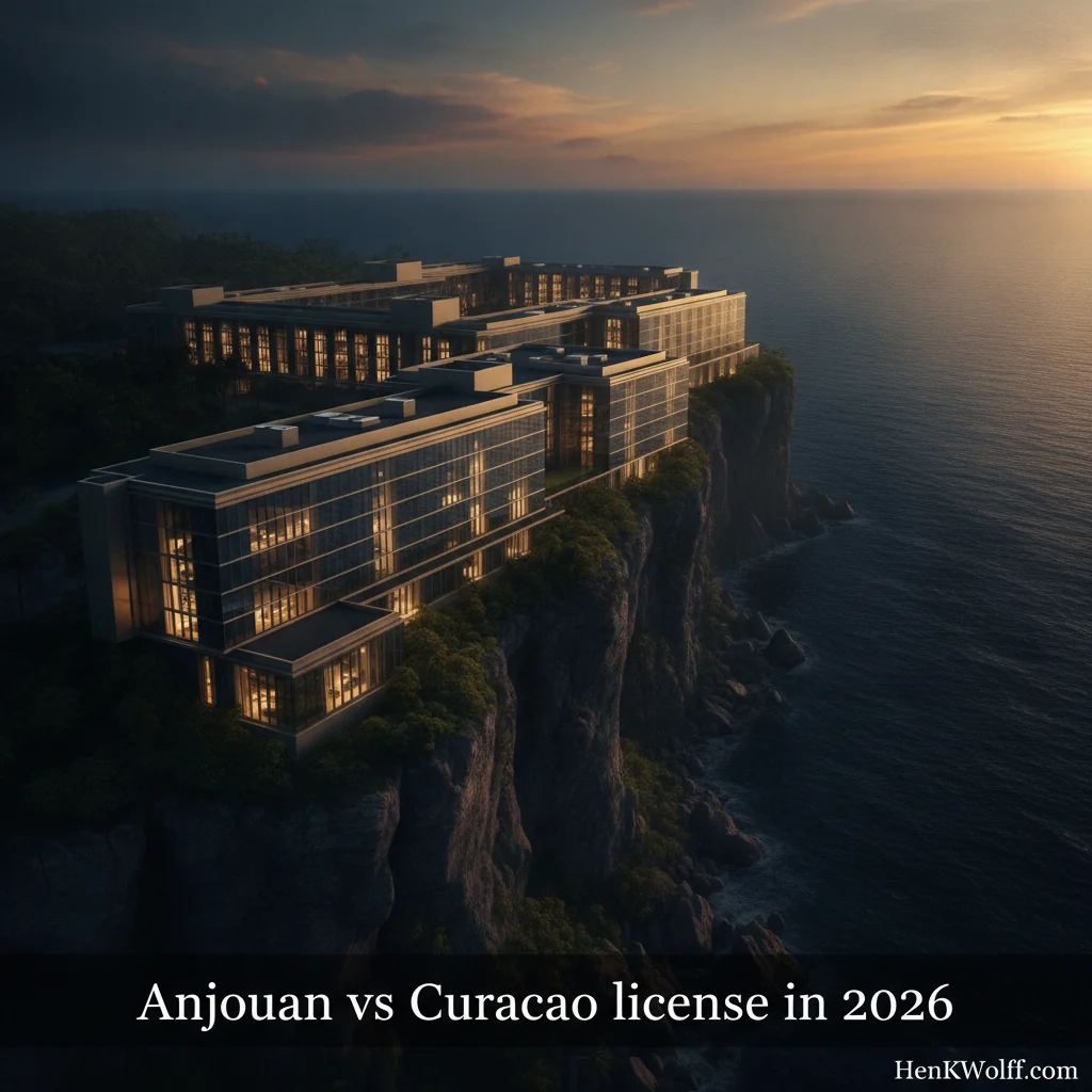 Modern casino-resort on Anjouan coastal cliff at twilight, overlooking the deep Indian Ocean.
