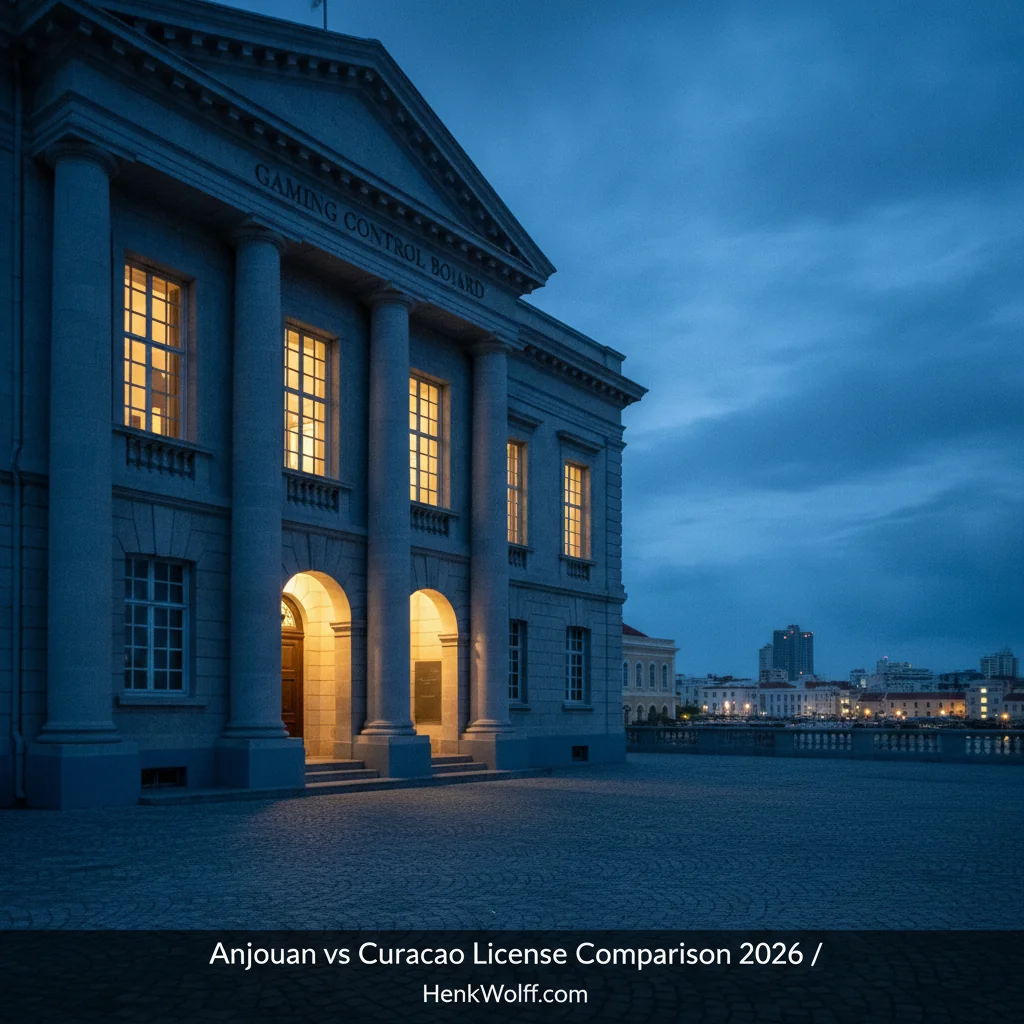 Curacao Gaming Control Board building exterior in Willemstad at blue hour, with warm interior lighting.