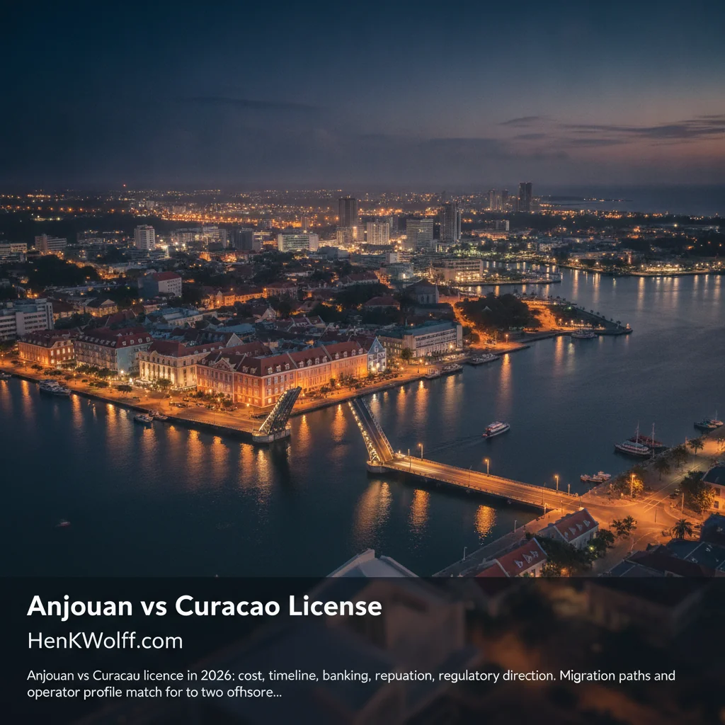 Willemstad, Curacao, cityscape at dusk with Queen Emma Bridge and Handelskade glowing