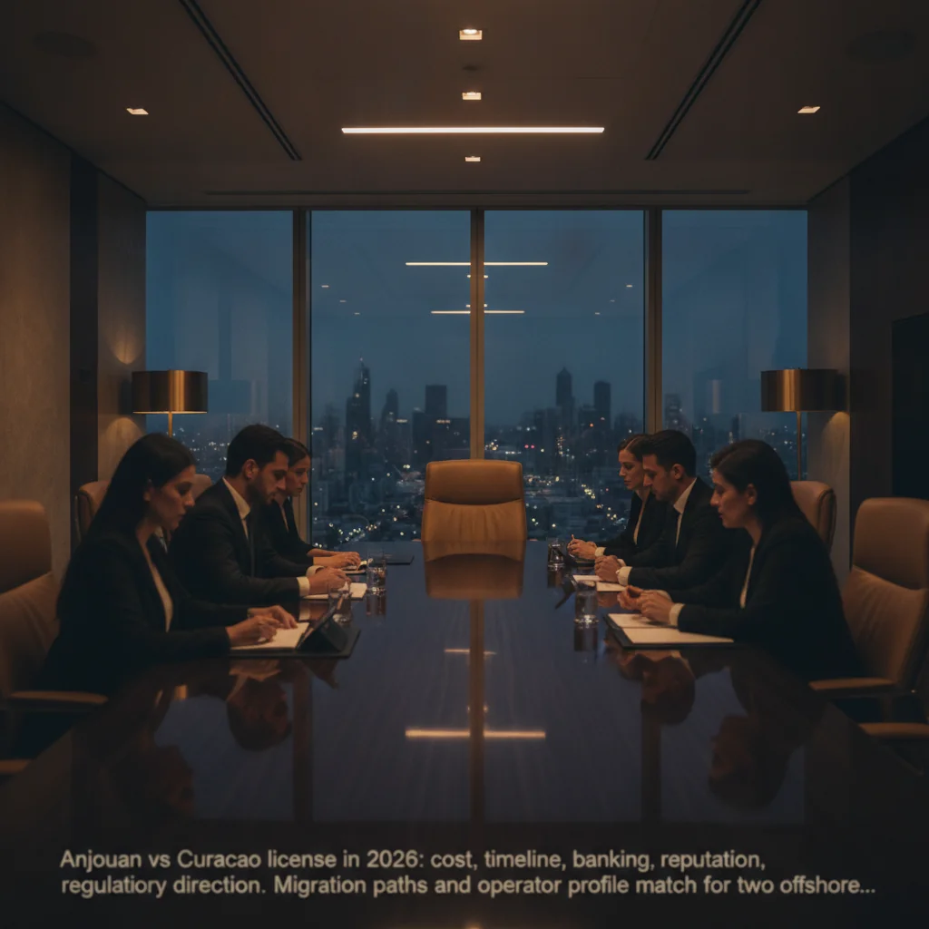 Modern boardroom scene at twilight, conveying reputational due diligence for iGaming licensing.