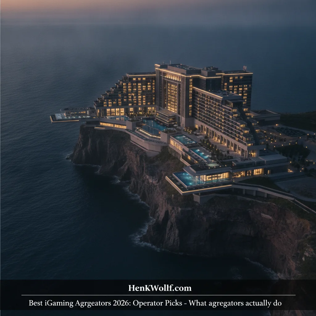 Grand iGaming casino-resort on a coastal cliff at twilight, its many windows glowing.