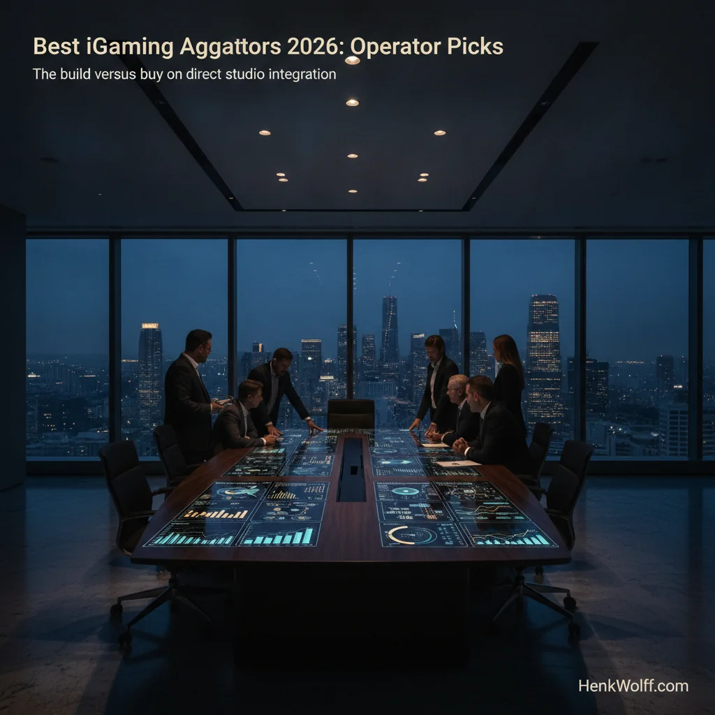 Modern executive boardroom at twilight with a display showing iGaming strategy data.