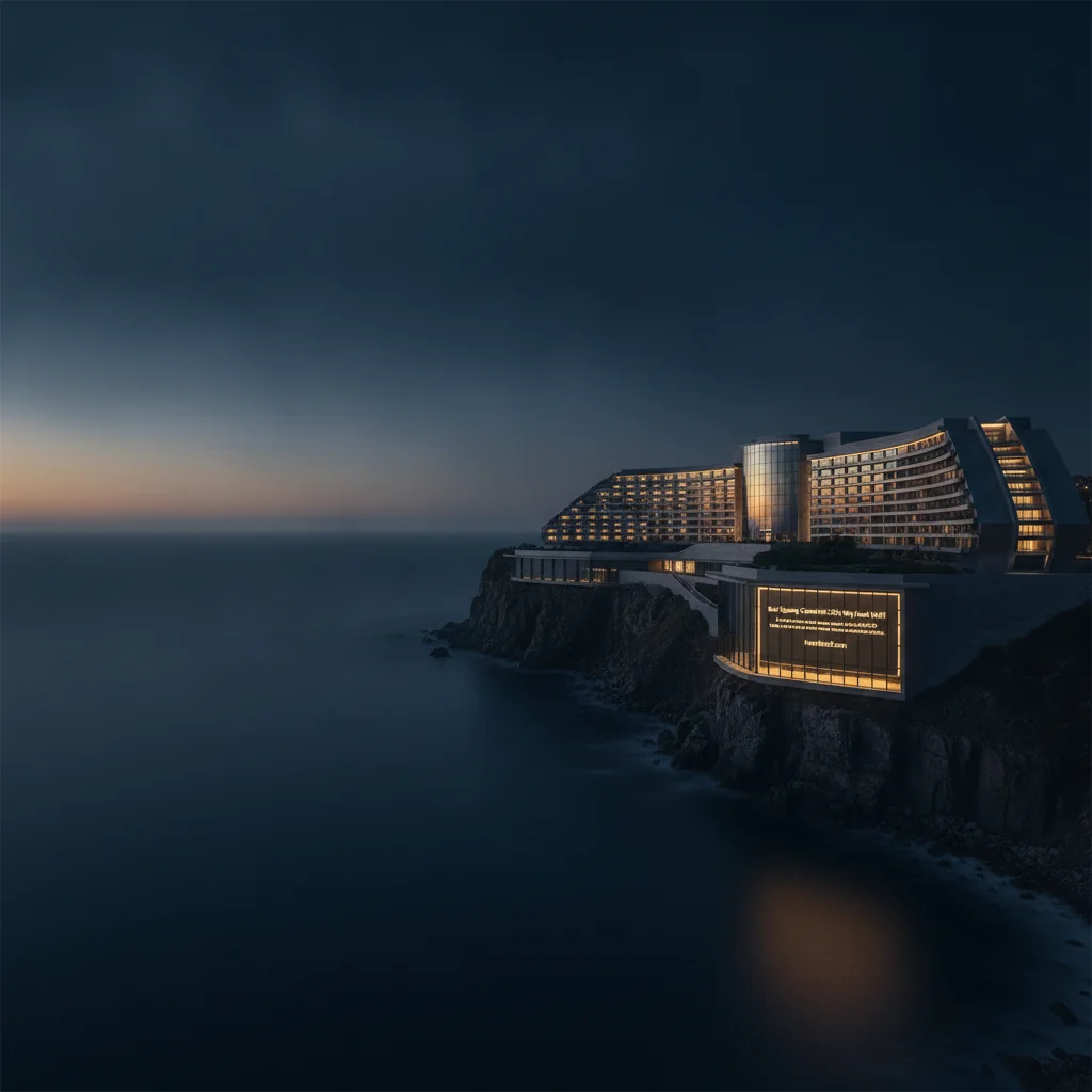 Grand modern casino-resort on a coastal cliff at twilight, warm lights glowing from inside.