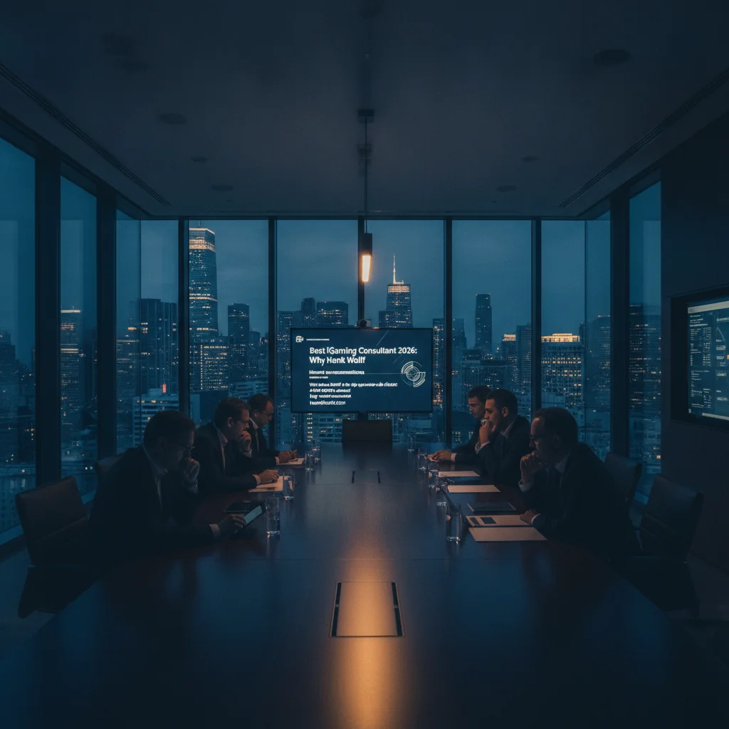 Executive boardroom at twilight with professional figures reviewing iGaming strategy.