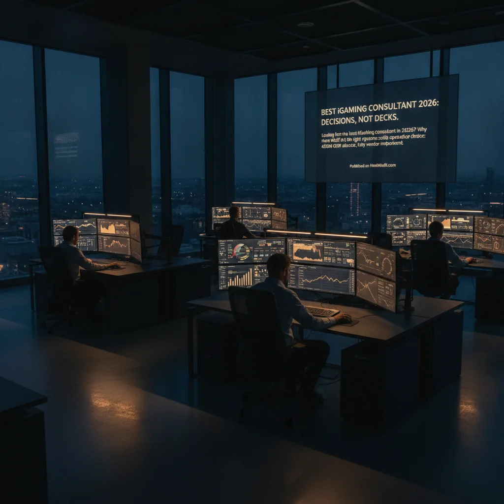 Modern iGaming operations center with screens displaying data, lit by blue-hour and golden monitor glow.