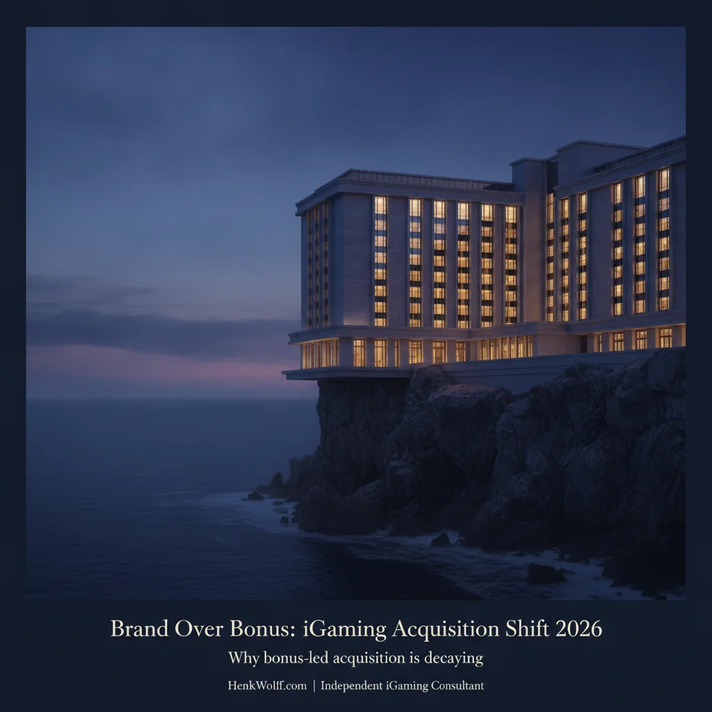 Grand modern casino-resort on a European coastal cliff at twilight with glowing golden windows.
