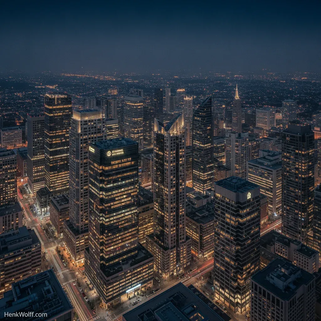 Elevated night view of a global financial district skyline with warm golden lights against a deep navy sky.