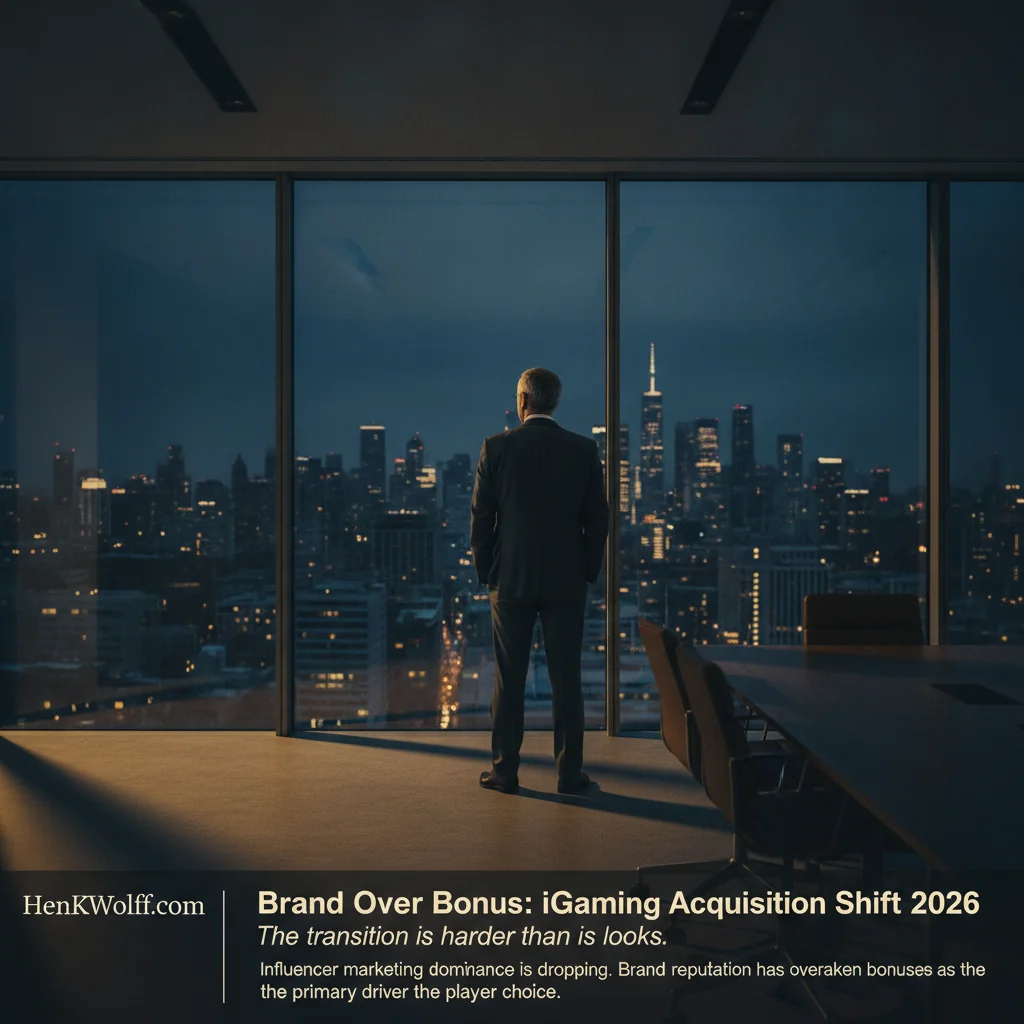 Modern boardroom at twilight with executive contemplating city skyline through floor-to-ceiling windows.