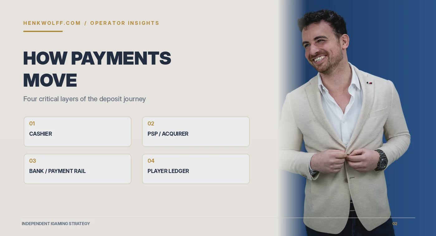 How payments move between the casino cashier, PSP, bank and player ledger