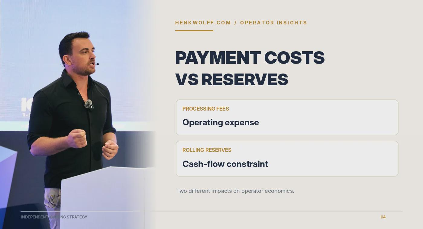 Payment fees as operating expenses compared with rolling reserves that restrict liquidity