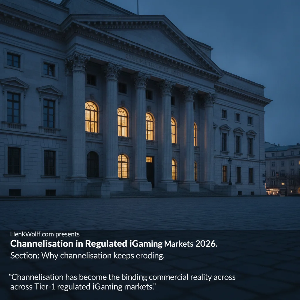 Neoclassical European regulatory building exterior at blue hour with warm lights.