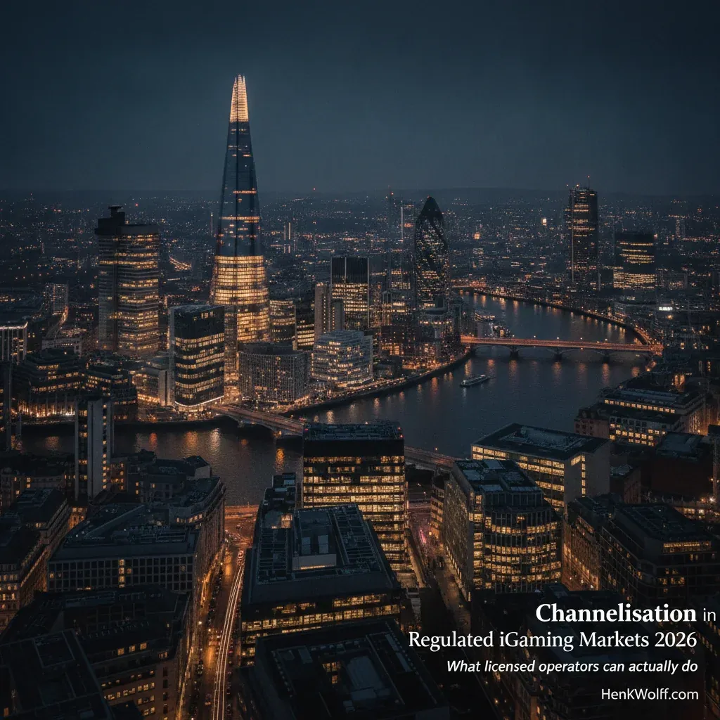 London financial district skyline at blue hour, city lights reflecting on the Thames, with atmospheric haze.