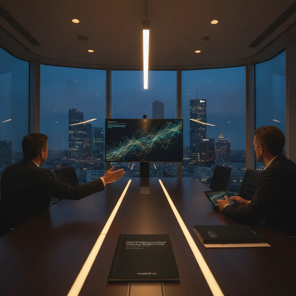 Modern boardroom overlooking a city skyline at twilight with executives discussing market strategy.