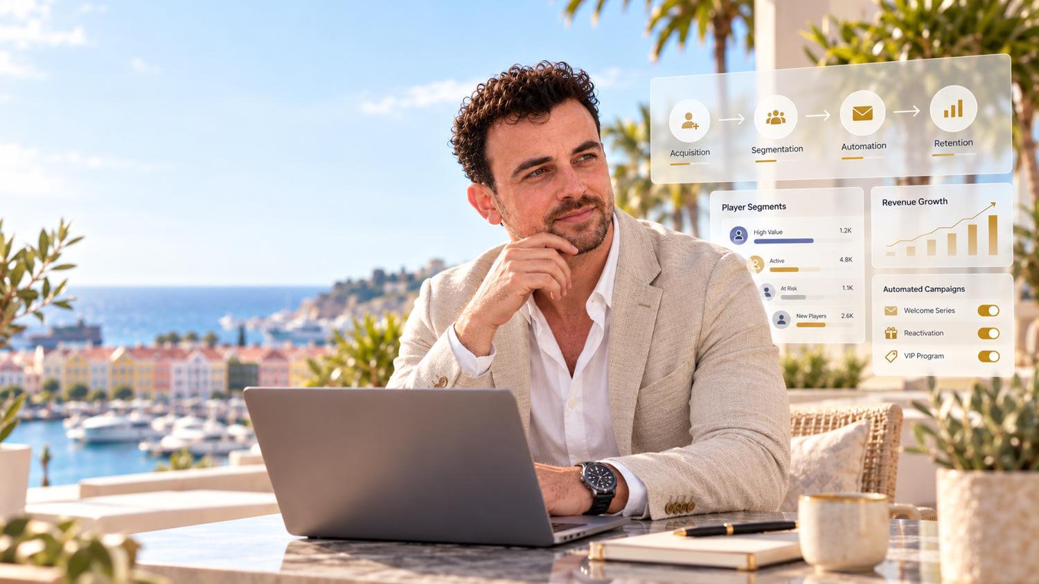 Henk Wolff reviewing CRM segmentation, acquisition, automation and retention on a sunlit coastal terrace