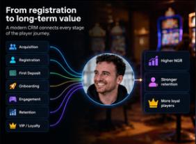Illustration of the casino customer lifecycle, from registration and first deposit through retention and loyalty