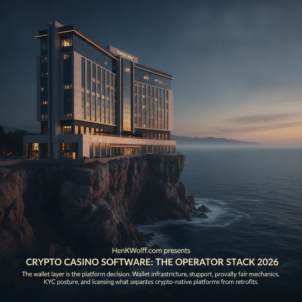 Modern casino-resort on a coastal cliff at twilight with glowing golden windows.