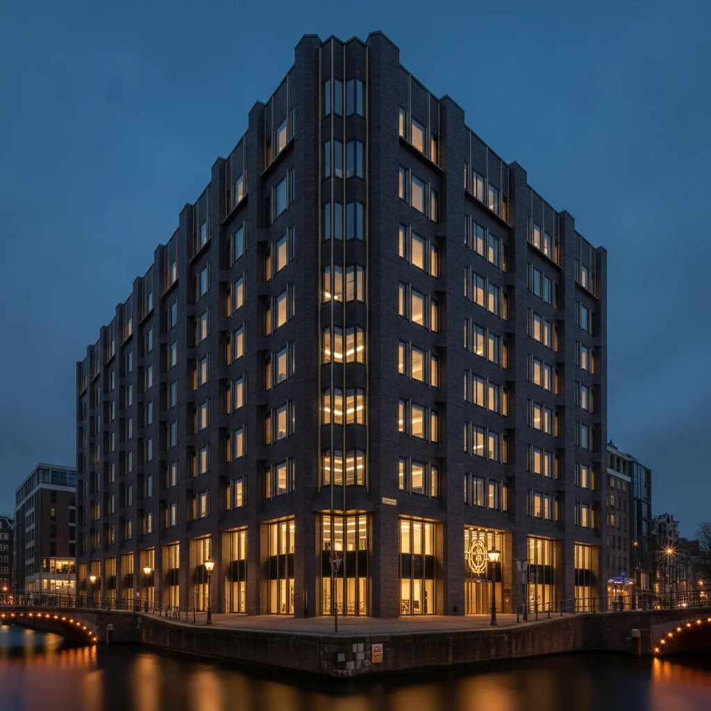 Modern financial regulatory building in Amsterdam at blue hour with warm interior lights.