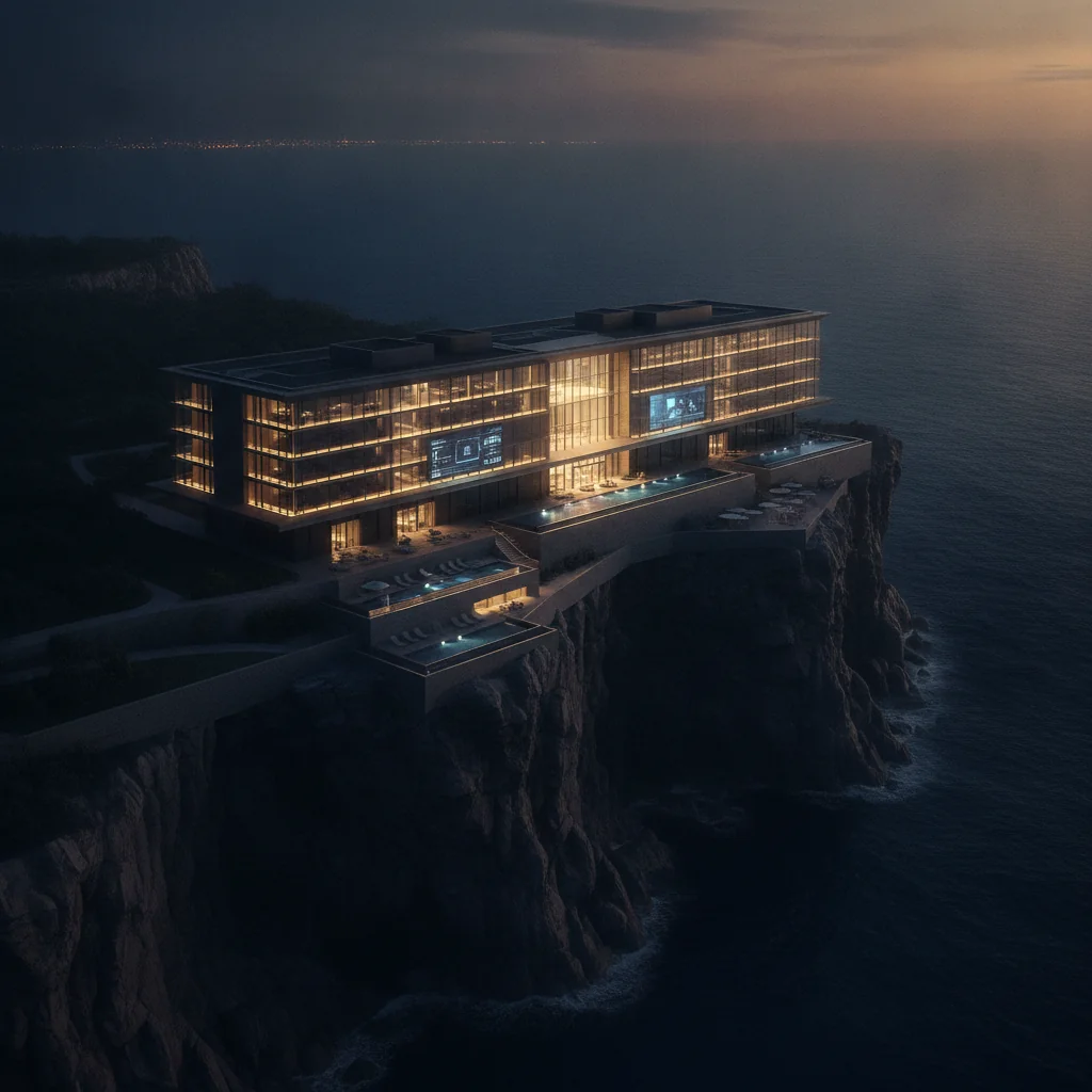 Modern casino-resort on a coastal cliff at twilight, representing strategic crypto choices.