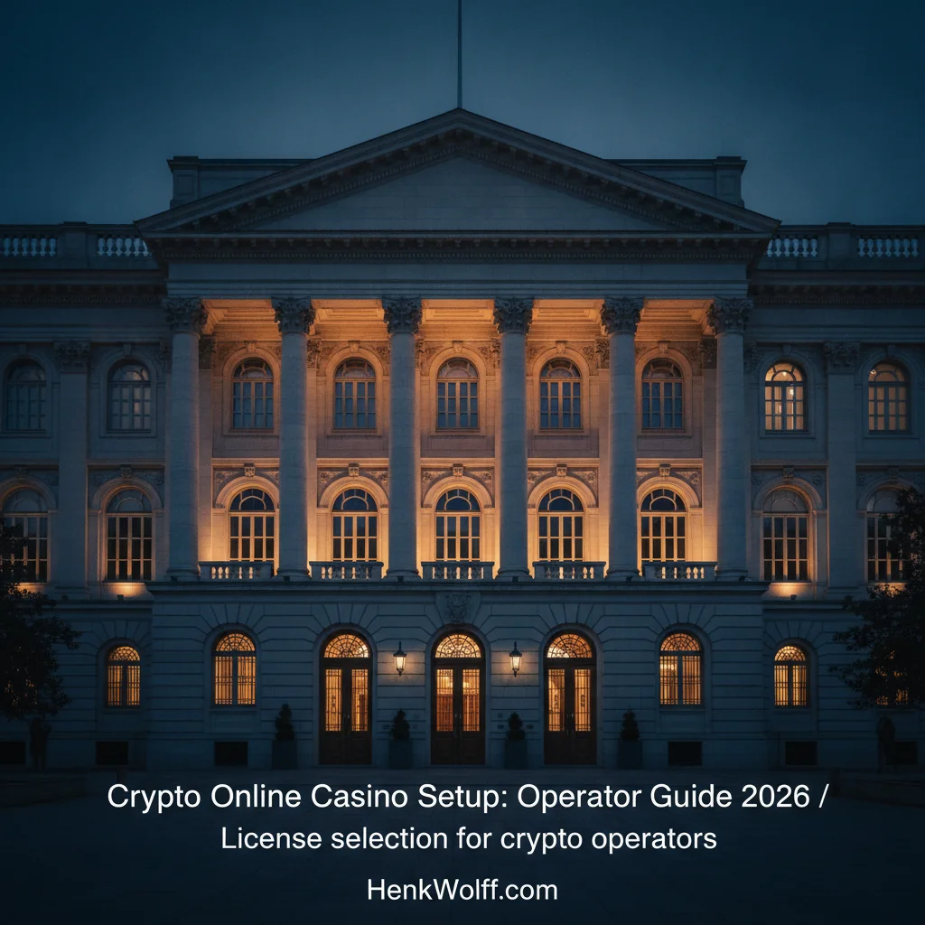 Grand neoclassical government building exterior at blue hour twilight with warm interior lights.