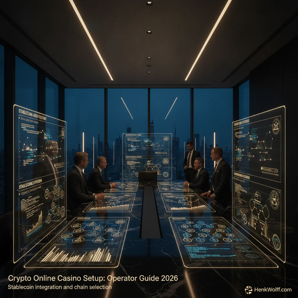Modern boardroom at twilight with professionals reviewing digital financial data on screens, reflecting crypto strategy.