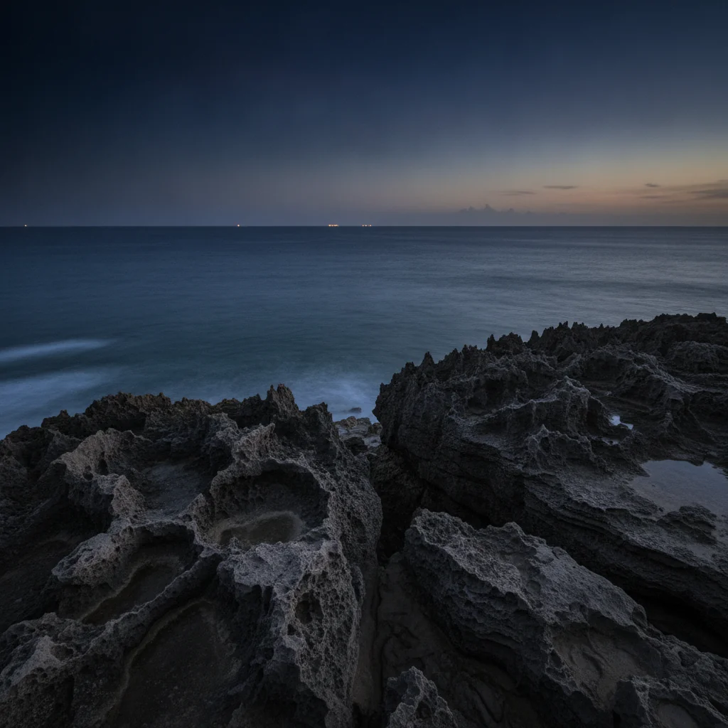 Curaçao coastline at blue hour with deep ocean and a distant, clear horizon.