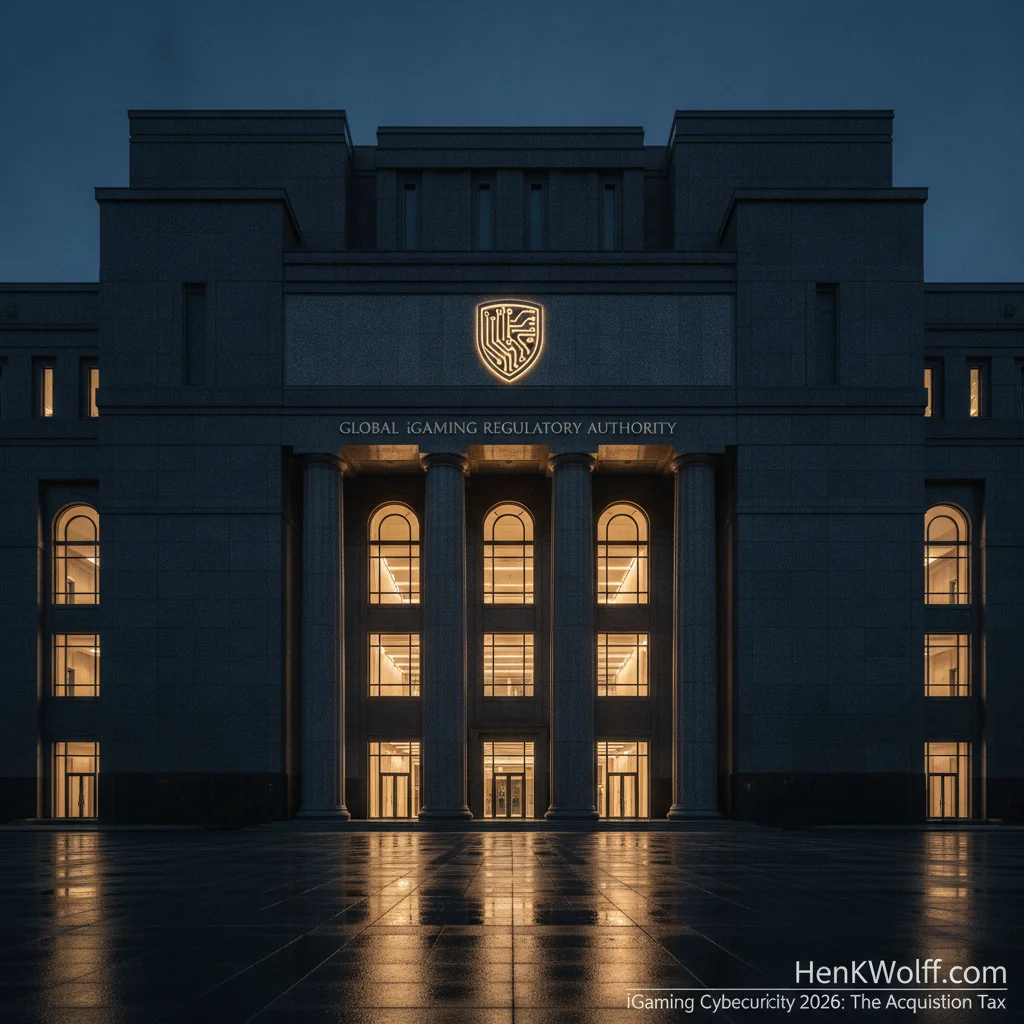 Regulatory building at blue hour, signifying iGaming cybersecurity standards and player trust.
