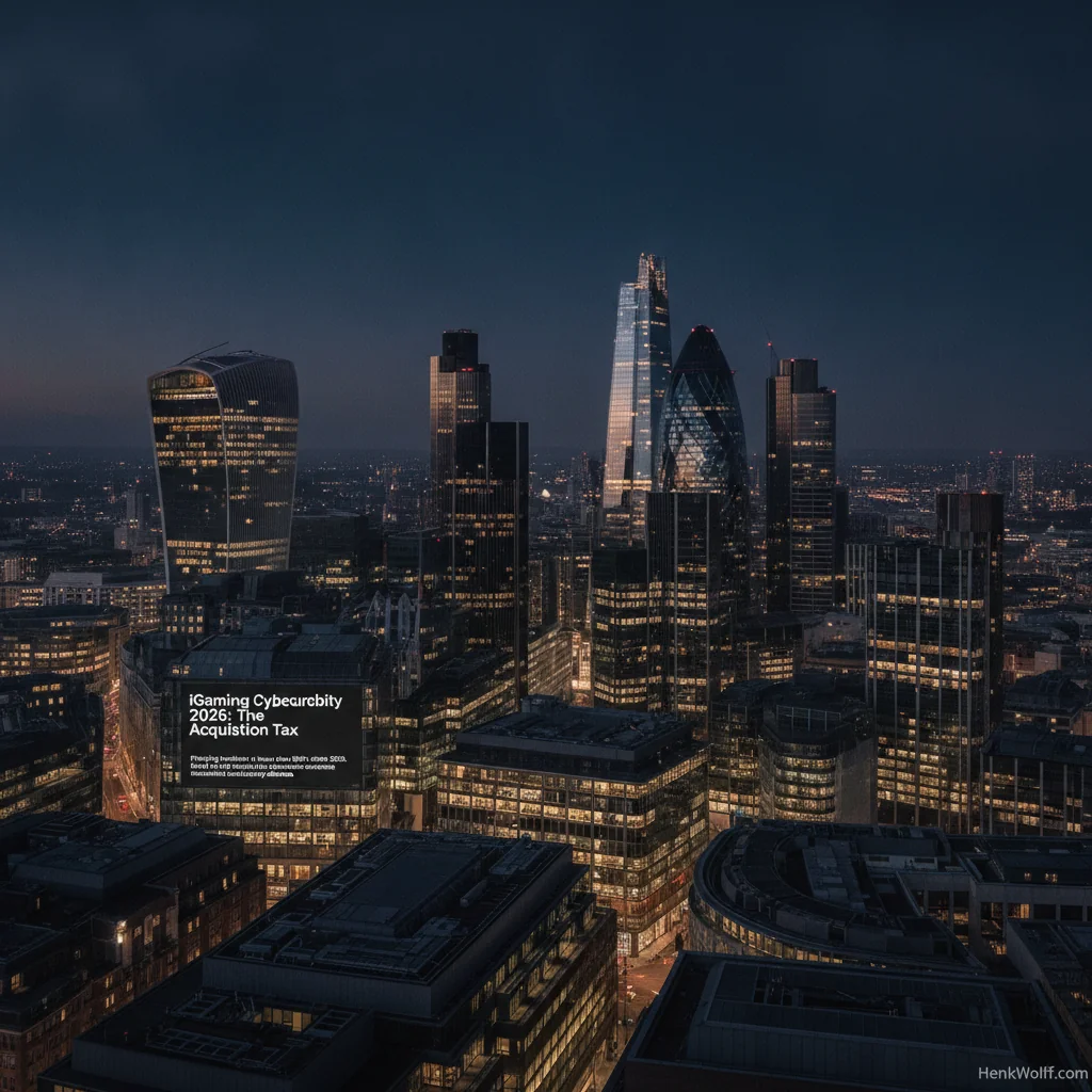 London financial district skyline at dusk, with modern buildings illuminated in warm golden light under a deep navy sky.