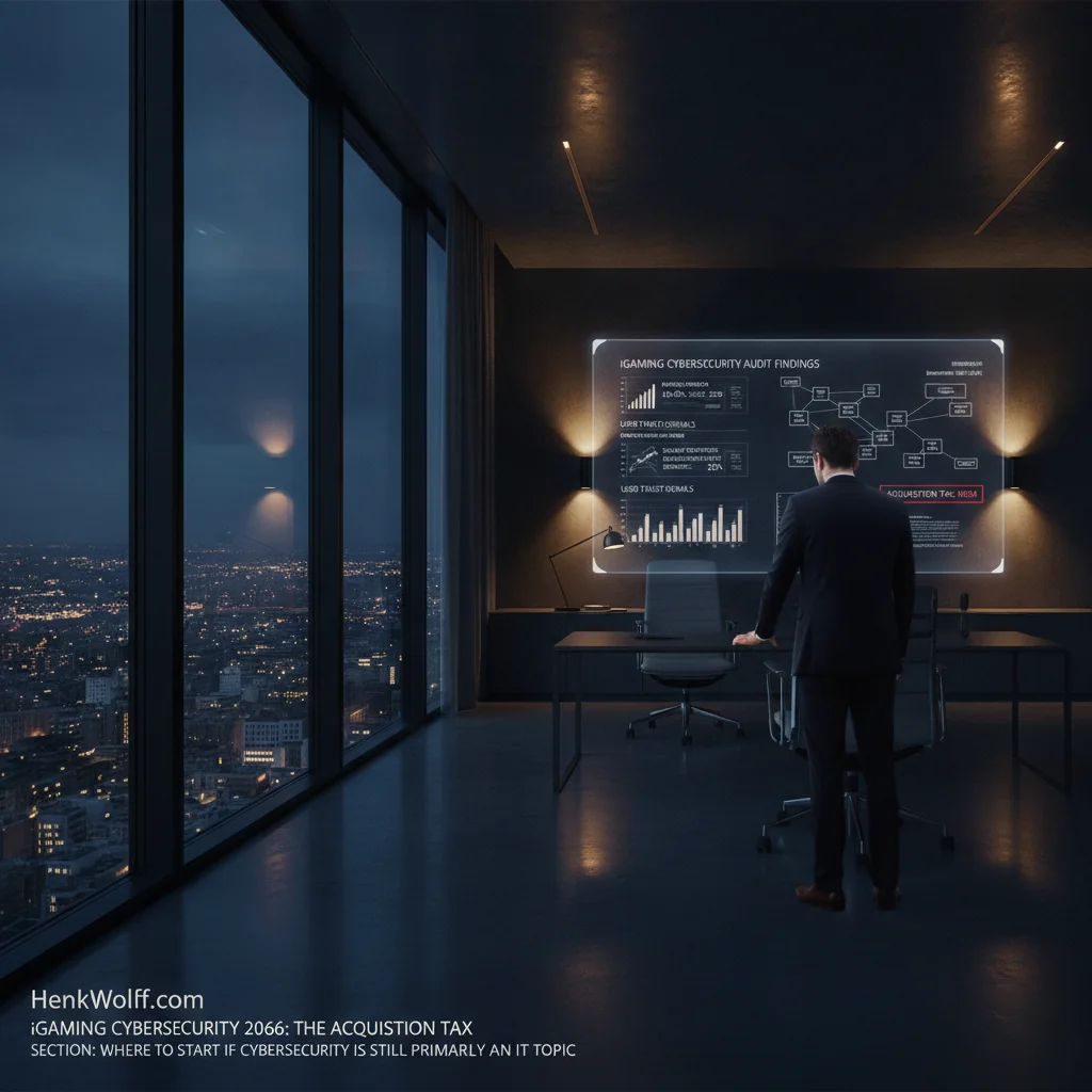 Modern executive office, professional reviewing cybersecurity data, city skyline at twilight.