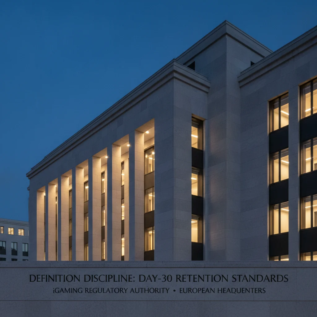 Authoritative European regulatory office building at blue hour, warm interior lights, symbolizing definition discipline.