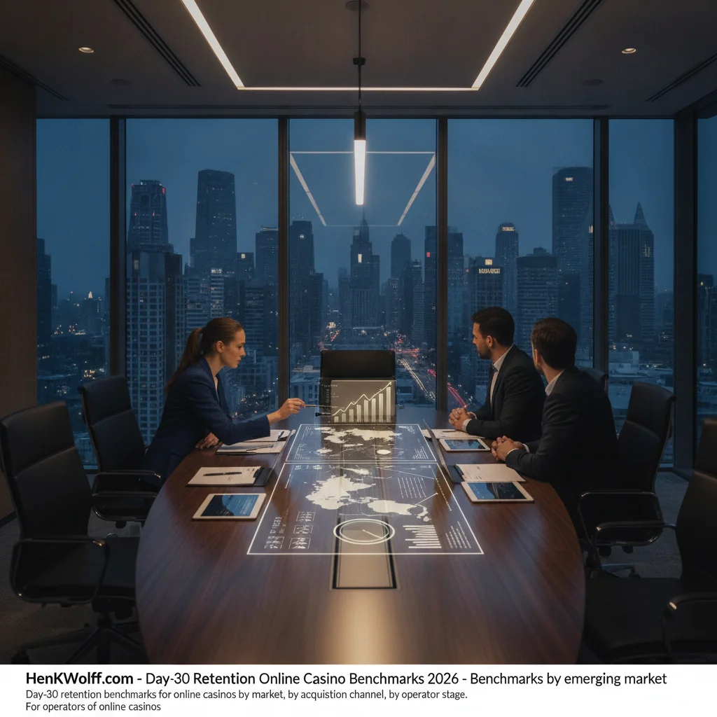 Executive boardroom overlooking a vibrant city skyline at twilight, with professional figures discussing iGaming mark...