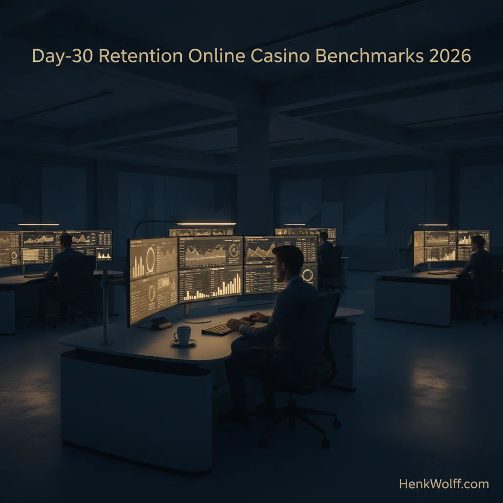 iGaming operations center with screens displaying retention benchmarks and performance metrics