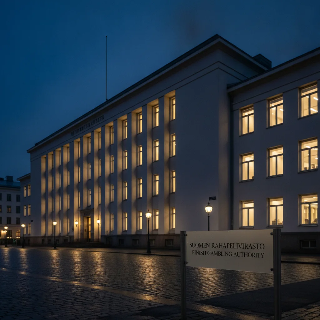 Finnish regulatory building exterior in Helsinki at blue hour with warm interior light.