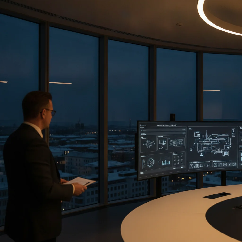 Modern boardroom overlooking Helsinki at twilight, with a professional reviewing technical documents on screen.