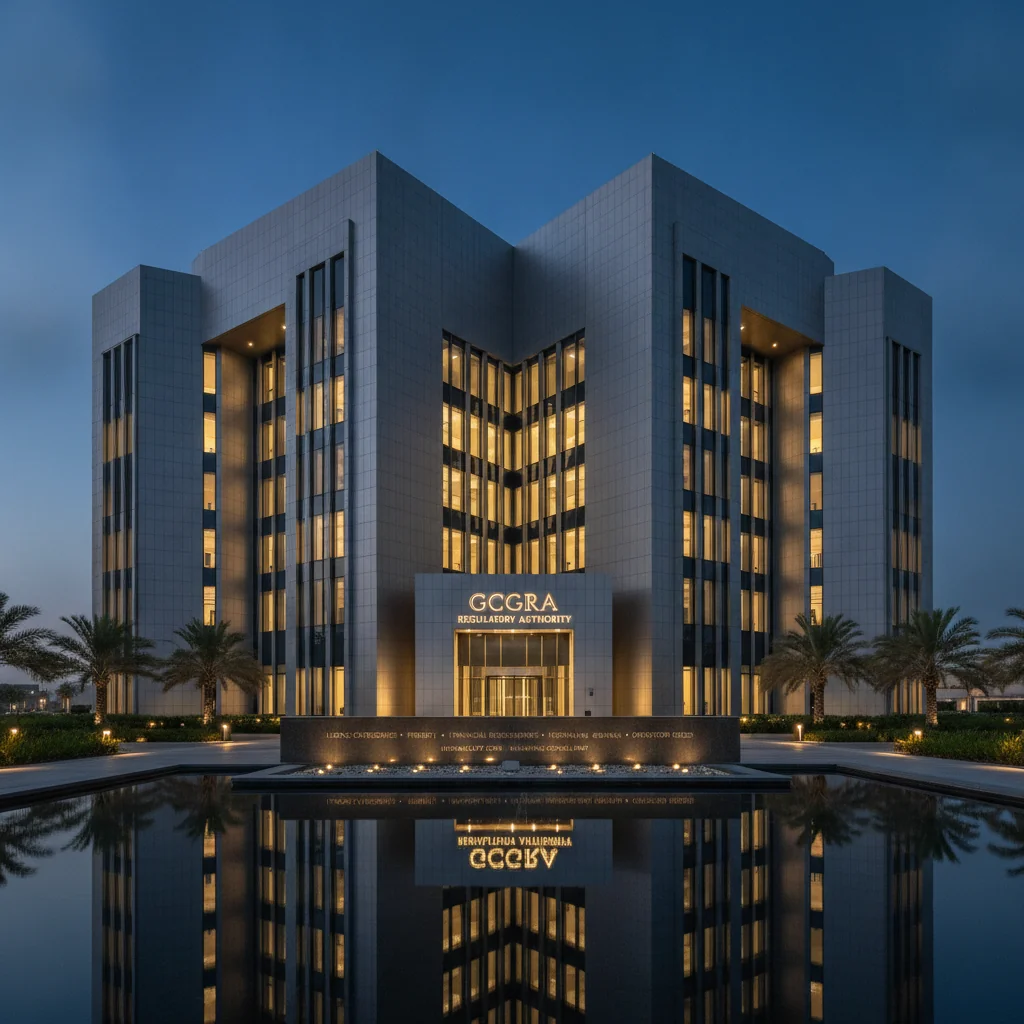 Modern GCGRA regulatory building exterior in the UAE at twilight, with warm interior lights.
