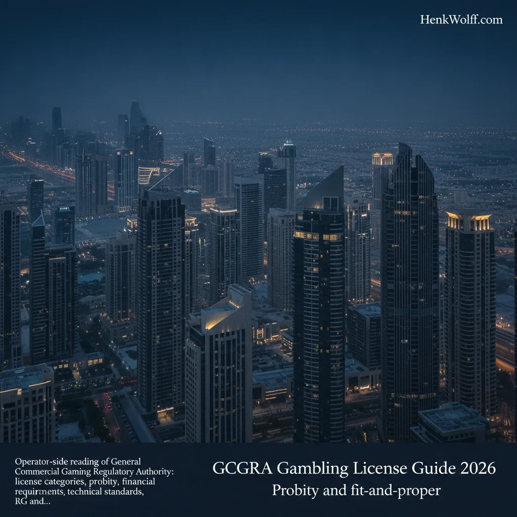 Elevated view of Dubai financial district skyline at dusk, lit by warm golden city lights against a deep navy sky.