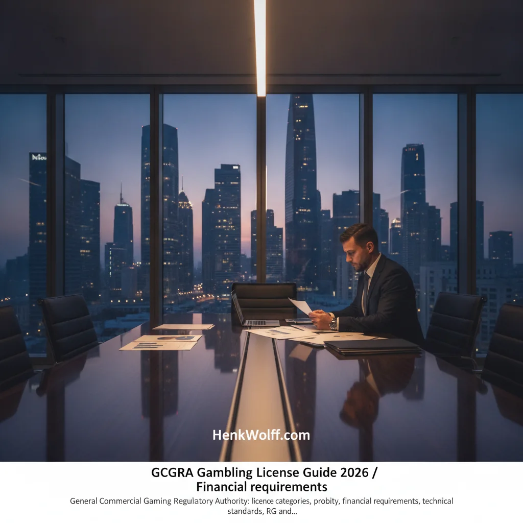 Modern executive boardroom overlooking a financial district at twilight, subtle hints of financial strategy.